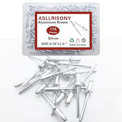 170pcs Silver 3/16-1/2 Inches Aluminum Blind Rivets, 4.8-12.7 mm Pop Rivets,Aluminum Grip and Steel Mandrel - color: Silver, size: 3/16-1/2 Inches