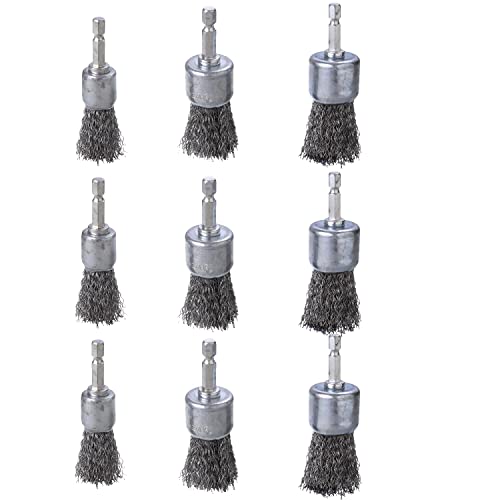 9 Pcs Wire Brush Wheel for Drill, Wire Brush for Drill 1-Inch Crimped End Wire Brushes 1/4" Hex Shank for Paint-Surface and Small Spaces - style: 9 Pcs wire end brush