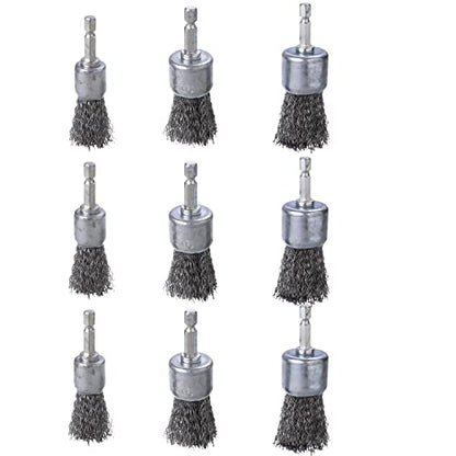 9 Pcs Wire Brush Wheel for Drill, Wire Brush for Drill 1-Inch Crimped End Wire Brushes 1/4" Hex Shank for Paint-Surface and Small Spaces - style: 9 Pcs wire end brush