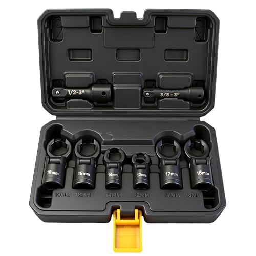 ELEAD 8-Piece Flex Head Crows Foot Wrench Set, Metric 12 14 16 17 18 19 mm with Extension Bar, 3/8" & 1/2" Drive Crowsfoot Line Wrenches Set, Access Fasteners in Tight Spaces - color: 8pcs Flex Head Crowsfoot Wrench Set Black