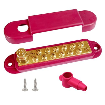 Ampper 1/4" Stud Brass Power Distribution Block BusBar 12 x #8 Screw, Red - color: Red, size: Brass