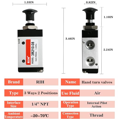 RIH 3 Way 2 Postion Air Valve Air Hand Lever Operated Valve Pneumatic Solenoid Valve Manual Control Push Pull Valves 3R210-08 (1/4"NPT) - style: 3 Way 2 Postion