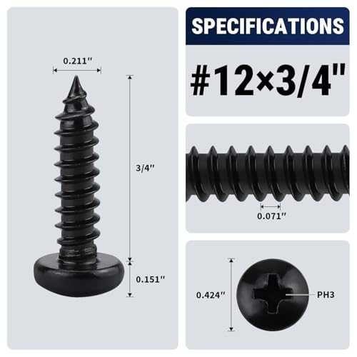 #12 x 3/4" (50 Pack) Stainless Steel Pan Head Self Tapping Screws, 304 SS (18-8) Black Coated, Phillips Drive Round Head Corrosion Resistant Screws for Wood & Sheet Metal - size: #12 x 3/4"