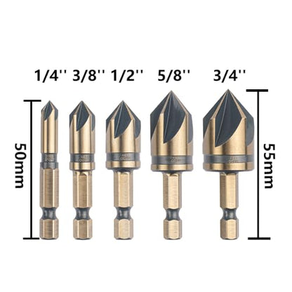 Cobalt Countersink Drill Bits Set(5PCS), M35 HSSCO 82 Degree 5 Flutes,1/4 Inch Quick Change Hex Shank for Stainless Steel, Metal, Wood, Carbon Steel 1/4'' 3/8'' 1/2'' 5/8'' 3/4''