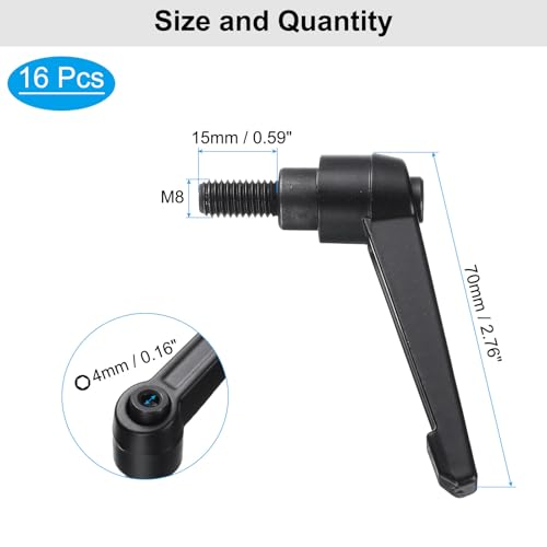 uxcell 16pcs Lever Adjustable Handles M8 x 15mm Metric Male Thread, Level Clamping Handle Hand Stud Knobs Rotating Screw Handles Bolts with Locking Lever, Black - size: M8 x 15mm