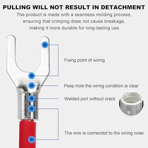 100Pcs #10 Non-Insulated Fork Terminal,16-14 AWG Brazed Seam Red Copper Wire Connectors,Crimp Connector Terminal Kit (Fork #10 100PC, AWG16-14) - size: AWG16-14, style: Fork #10 100PC