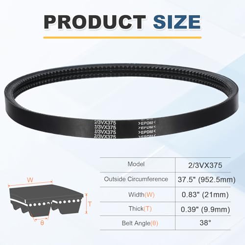 uxcell 2/3VX375 EPDM V-Belt, 2 Banded, 37.5" Outer Circ x0.83 W x0.39 Thk - size: 2/3VX375