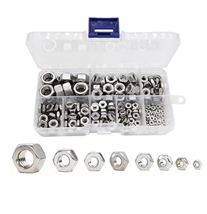 cSeao SAE Hex Nuts Assortment Kit, #2-56#4-40#6-32#8-32#10-32#10-24 1/4"-20 3/8"-16, 304 Stainless Steel Plain Finish A2-70 18-8 - size: SAE Hex Nuts Stainless Steel(300pcs)