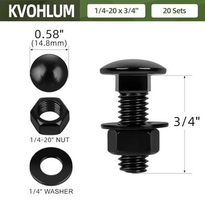 20 Sets 1/4-20 x 3/4" Carriage Bolt Kit, Round Head Square Neck, Black Carriage Bolts and Hex Nuts Set with Flat Washers - size: 1/4-20 x 3/4"