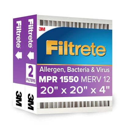 Filtrete 20x20x4 AC Furnace Air Filter, MPR 1550, MERV 12, Fits Honeywell, CERTIFIED Asthma & Allergy Friendly, Electrostatic Air Cleaning Filter, 2-Pack (Actual Size 19.88x19.88x4.31 in) - size: 20x20x4