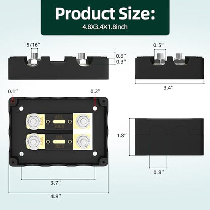 ANL Fuse Holder with 2Pcs 300 Amp ANL Fuse, Max 1000A Waterproof 4 x 5/16"(M8) Studs Heavy Duty Dual Fuse Holder with 400 Amp and 500 Amp ANL Fuses for Marine Automotive Car Truck Boat - size: 1 in 2 Out