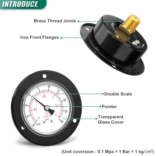 -30inHG~30PSI Black Front Flange Panel Mount, Dry Pressure Gauge, 2.5" Dial Size, 1/4" MNPT, Iron Case, with Phillips Screw and Nut, for Water, Gas, Liquid Pressure - color: Dry - Iron Case, size: -30inHG-30PSI