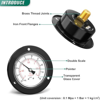 -30inHG~30PSI Black Front Flange Panel Mount, Dry Pressure Gauge, 2.5" Dial Size, 1/4" MNPT, Iron Case, with Phillips Screw and Nut, for Water, Gas, Liquid Pressure - color: Dry - Iron Case, size: -30inHG-30PSI