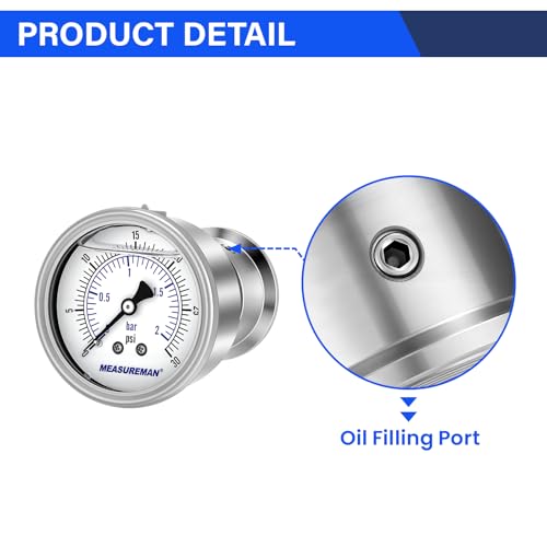 MEASUREMAN 2.5" Stainless Steel Sanitary Pressure Gauge, 0-30 PSI Glycerin Filled, Back Mount with 1.5" Tri-Clamp Diaphragm Seal for Food/Beverage/Bio Pharma - size: 2.5",0-30 psi/bar, style: Back Mount