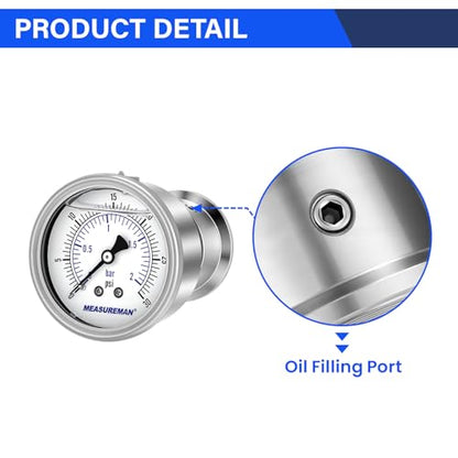 MEASUREMAN 2.5" Stainless Steel Sanitary Pressure Gauge, 0-30 PSI Glycerin Filled, Back Mount with 1.5" Tri-Clamp Diaphragm Seal for Food/Beverage/Bio Pharma - size: 2.5",0-30 psi/bar, style: Back Mount