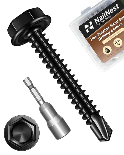 100PCS #8 x 1-1/4" Self Drilling Screws, Black Self Tapping Screws for Metal, 410 Stainless Steel Hex Washer Head Sheet Metal Screw, Quick Tapping with 7mm Hex Socket - color: Black, size: #8 x 1-1/4"