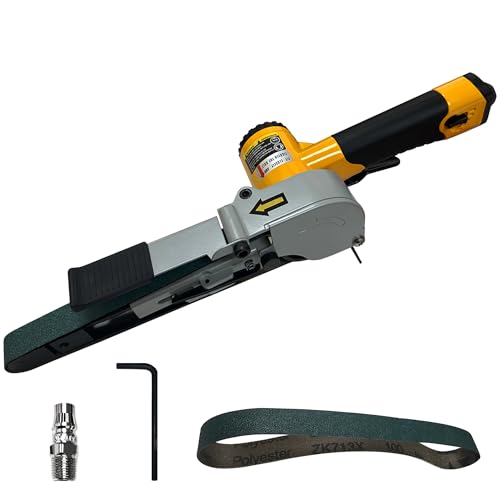 3/4" x 20.5" Pneumatic Belt Sander, Mini Air Angle Grinder for Metal/Wood Sanding & Polishing, 180° Rotatable Handheld Tool with 2 Abrasive Belts (80/100 Grit) — High-Vis Yellow