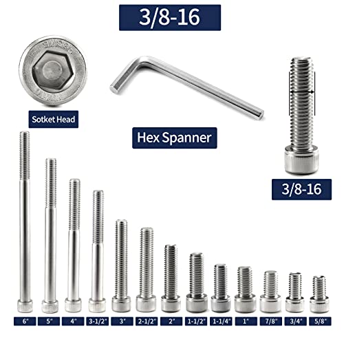 3/8-16 x 2 Socket Head Cap Screws Bolts, 20Pcs 304 Stainless Steel 18-8, Allen Socket Hex Drive, Full Thread, Bright Finish by SG TZH(with Hex Spanner) - size: 3/8-16 x 2"