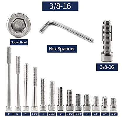 3/8-16 x 2 Socket Head Cap Screws Bolts, 20Pcs 304 Stainless Steel 18-8, Allen Socket Hex Drive, Full Thread, Bright Finish by SG TZH(with Hex Spanner) - size: 3/8-16 x 2"