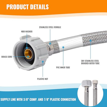 SUNGATOR 9" Toilet Water Supply Line, 7/8" BC x 3/8" Comp Hose, 2-Pack - size: 9 Inch, style: 2 Pack
