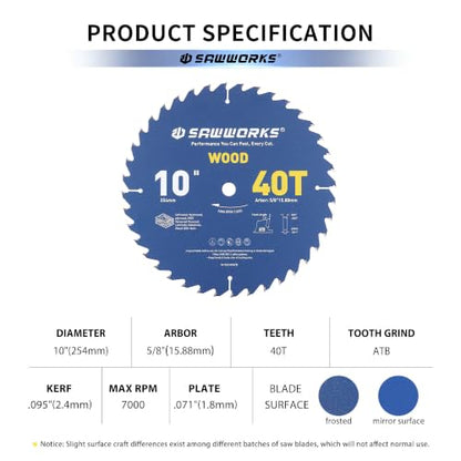SawWorks 10" 40T Thin Kerf Circular Saw Blade General Woodworking - size: 10 In 40T
