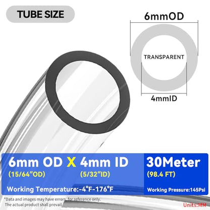 PNEUMATIC Transparent 6mm OD 4mm ID Polyurethane PU Air Hose Pipe Tube 30 Meter 98.4ft - color: Transparent, size: 6x4mm/98.4FT/30M