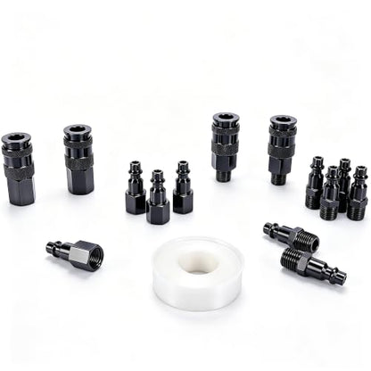 1/4-inch air hose fittings,air compressor quick connect fittings,15 Pieces Air Coupler and Plug Kit,Heavy Duty Aluminum,Lightweight Connector Set,Black - color: Black