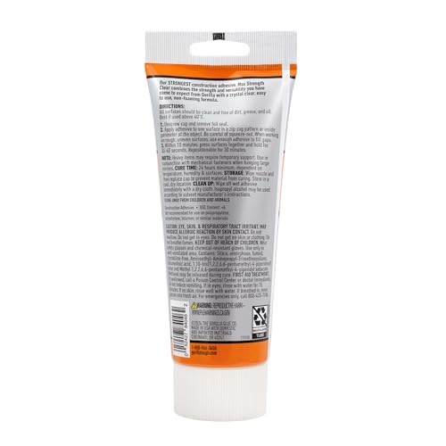 Gorilla Max Strength Construction Adhesive, Clear, 7 oz Tube, 1-Pack - size: 7oz, style: 1 Pack