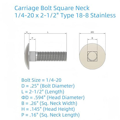 SANTIE 1/4"-20 x 2-1/2" Stainless Steel Carriage Bolts, 25-Pack - size: 1/4"-20 X 2-1/2" (25pc)