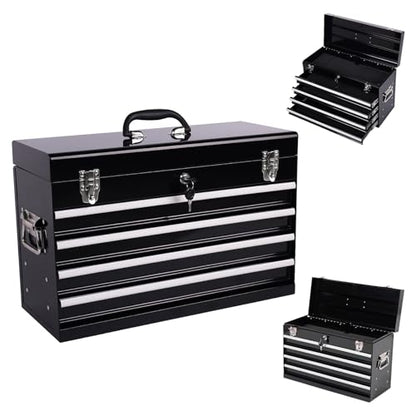 21-inch Portable Metal Tool Box with 4 Drawers, Steel Toolbox with Locking Lid, EVA-Lined Ball-Bearing Slides & Powder-Coated Finish, Top Tool Chest for Mechanic & Craftsman Use, Black - color: Black