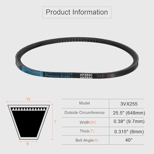 uxcell 2pcs 3VX255 Rubber V-Belt, Raw Edge Cogged Industrial V Belt 25.5" Length x 0.38" Width x 0.32" Thickness - size: 3VX255