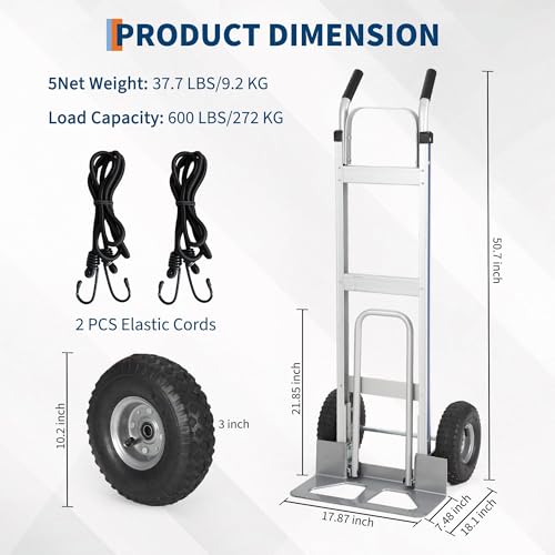 Aluminum Hand Truck Dolly Cart,600 LBS Capacity, with Extendable Base Plate - color: Hand Truck -600 Lbs