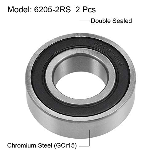 uxcell 6205-2RS Deep Groove Ball Bearings 25mm x 52mm x 15mm Double Sealed Chrome Steel Z2 2pcs - size: 25x52x15mm