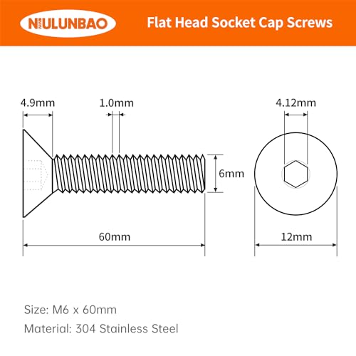 M6-1.0 x 60mm Flat Head Hex Socket Cap Screws Countersunk Bolts, 304 Stainless Steel, Metric Allen Socket Drive, Fully Threaded, Bright Finish, 25PCS - size: M6-1.0 x 60mm(25PCS)