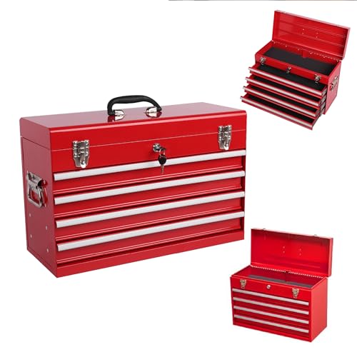 Heavy Duty Metal Tool Box, 21-inch, Portable Metal Tool Box with 4 Drawers, Small Tool Chest with EVA Liners, Ball Bearing Slide Drawers Locking & Powder Coated Finish, Multi-Function Tool Organizer - color: Tool Box-red