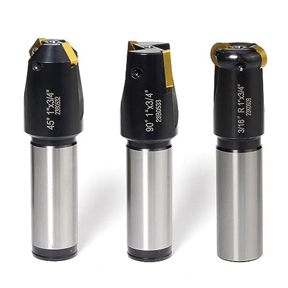 3 Pcs Little Hogger End Mill Set, 45 Degree, 90 Degree and 3/16r Mill with 3/4" Shank, 1" Head, with 3 Carbide Inserts SNHQ322, RNHQ32, TNGQ322