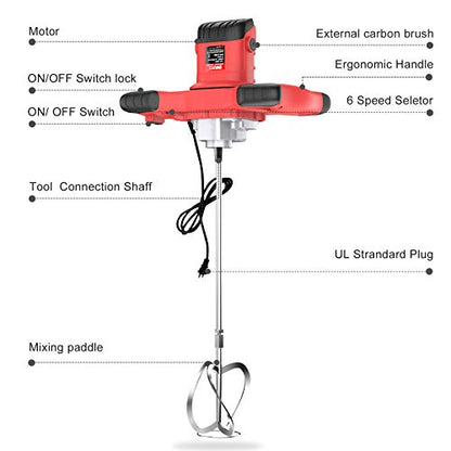 IMAYCC Cement Mixer, 2100W Electric Concrete Mixer with 6 Speed, 110V Handheld Mud Mixer for Motar,Paint, Grout, Plaster, Thinset,Fodder Stirring Tool - color: Red