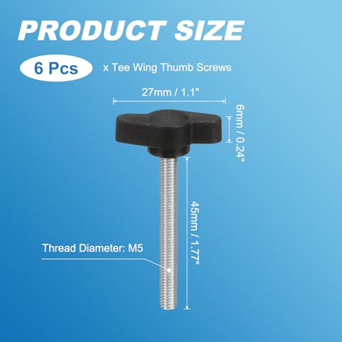 PATIKIL M5 x 45mm Tee Wing Thumb Screws, 6Pcs Carbon Steel Mechanical Handle Bolt Thumb Screws for Remove Replace Hand Clamping Tightening Knobs Power Supply, Black - size: M5 x 45mm