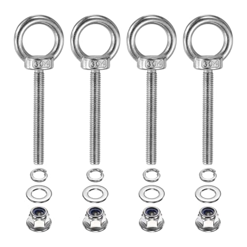 PATIKIL M6 x 50mm Shoulder Eye Bolt, 4 Pcs 304 Stainless Steel Lifting Ring Threaded Eye Bolt with Flange Lock Nuts Spring and Flat Washers for Hanging Tie Down Straps Outdoor Indoor - size: M6 x 50mm