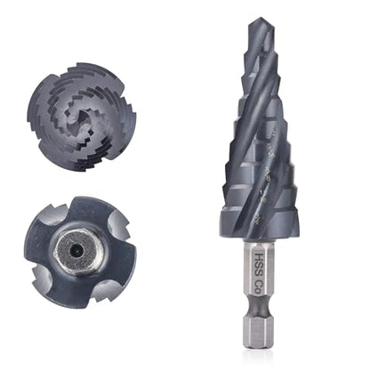 M35 Four Spiral Flute Cobalt Step Drill Bit, 1/4"-3/4" Wear-Resistant TiAlN Coated Four-Flute Step Bit, 1/4" Hex Shank Unibit Step Bit for Metal, Stainless Steel, Aluminum, Wood, Plastic - style: Four Flute-1/4-3/4