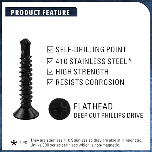 410 Stainless Steel #8 Self Drilling TEK Screw Assortment Kit, Flat Head Self Tapping Sheet Metal Screws, Length 1/2" 3/4" 1" 150 PCS - Black Oxide - size: #8 Flat Head