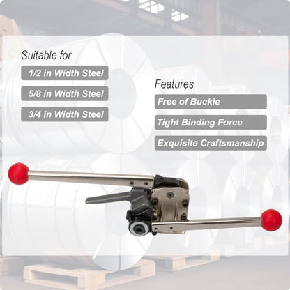 Steel Strapping Tool for 1/2’’ to 3/4" Width Steel, 3-in-1 (Tensioner, Crimper, Cutter) Heavy Duty Metal Straps Packaging Machine, Manual High Tensile Strapping Tensioner Banding Tool - size: Strapping Tool (1/2'', 5/8'' , 3/4'')