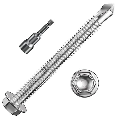 Wensilon (150Pcs) #8×2" Hex Washer Head Self Drilling Screws, 410 Stainless Steel Metal SheetScrews，TEK Screws, Sheet Metal Self Tapping Screws - color: Silver, size: #8×2"