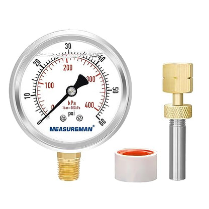 MEASUREMAN 0-60psi/kpa Liquid Filled Pressure Gauge with Brass Gauge Adaptor 1/4NPT Female，2-1/2 OAL x 1-2/5" x 1/8" Probe with Stainless Steel Sheath，Pressure Test Kit - size: 2.5 inches