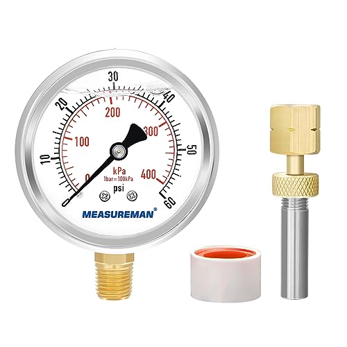 MEASUREMAN 0-60psi/kpa Liquid Filled Pressure Gauge with Brass Gauge Adaptor 1/4NPT Female，2-1/2 OAL x 1-2/5" x 1/8" Probe with Stainless Steel Sheath，Pressure Test Kit - size: 2.5 inches