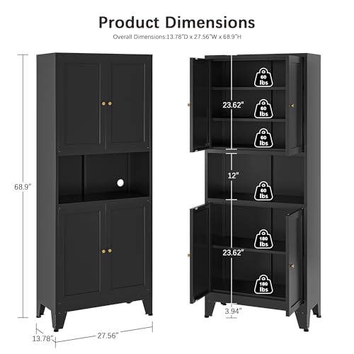 69" H Kitchen Pantry Cabinet with Countertop,Kitchen Hutch Cabinet with Storage,Black Metal Storage Cabinet,Microwave Cabinet, - color: Black, size: 69"H