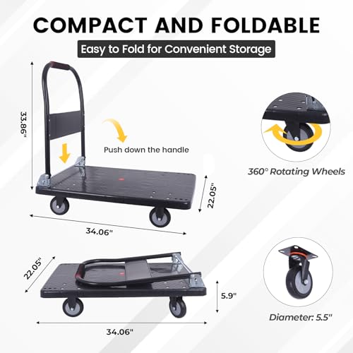 Foldable Push Cart Dolly 660 lbs,Moving Platform Hand Truck Black,with 360° Swivel Wheels, for Home Garage Workshops, Loading, Storage, Warehouse
