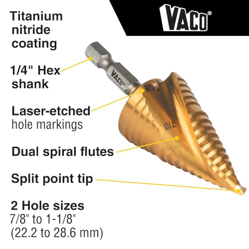 Klein Tools 25961 Step Drill Bit, 7/8 to 1-1/8-Inch, Spiral Double-Fluted, Cut Thin Metal, Plastic, Aluminum, Wood, 1/4-Inch Hex Shank, VACO