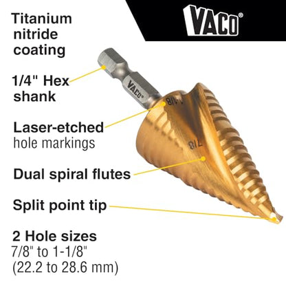 Klein Tools 25961 Step Drill Bit, 7/8 to 1-1/8-Inch, Spiral Double-Fluted, Cut Thin Metal, Plastic, Aluminum, Wood, 1/4-Inch Hex Shank, VACO