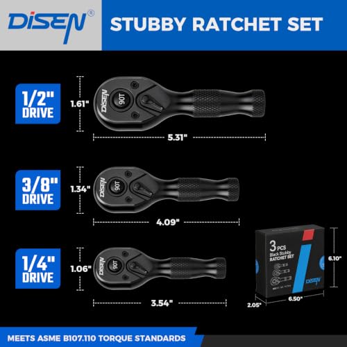 DISEN 3PCS Stubby Ratchet Set 1/2", 3/8", 1/4" Drive Socket Wrench, Black - size: 3PC Black Stubby Ratchet Set